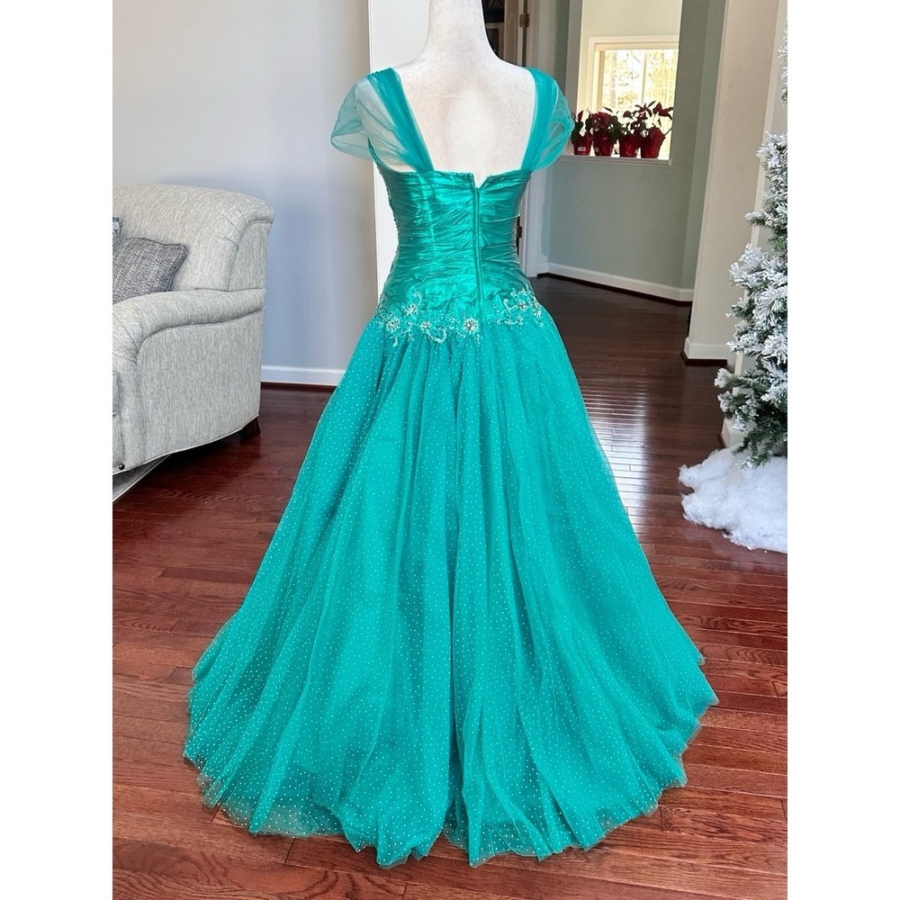 Vintage Luxury Alyce Designs Teal Green Glitter Puffy Tulle Princess Gown Dress - Picture 4 of 12